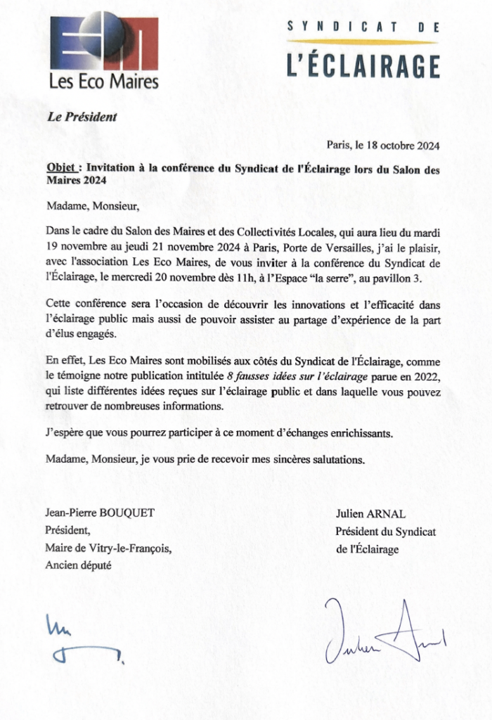 invitation adhérents Syndicat de l'éclairage - Ateliers Eco Maires